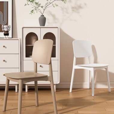 Modern minimalist plastic dining chair with ergonomic backrest in cream color