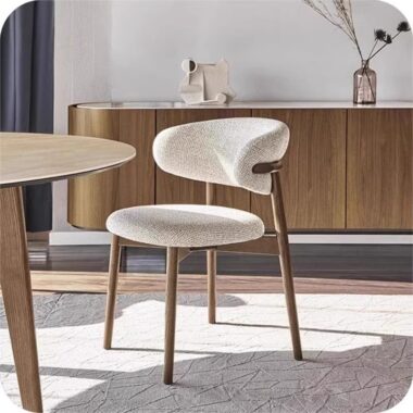 Nordic solid wood dining chair with cotton linen fabric and ergonomic horn-shaped backrest