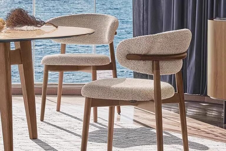 Nordic solid wood dining chair with cotton linen fabric and ergonomic horn-shaped backrest