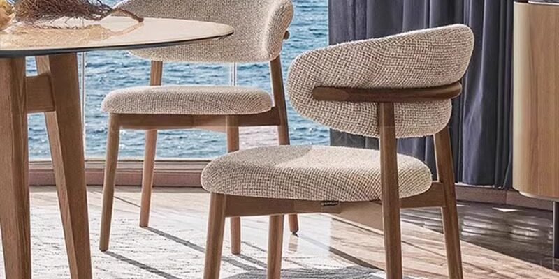 Nordic solid wood dining chair with cotton linen fabric and ergonomic horn-shaped backrest