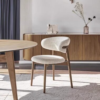 Nordic solid wood dining chair with cotton linen fabric and ergonomic horn-shaped backrest
